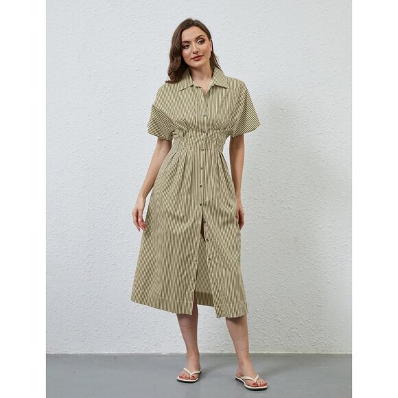 Women Maxi Dress Summer Casual Button Pleated Long Dress Short Sleeve - Picture 2 of 7